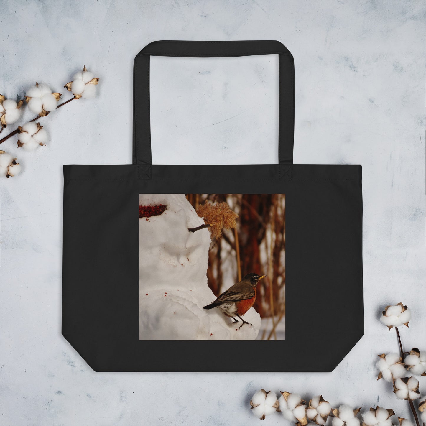 Large organic tote bag- Snowman & Robin