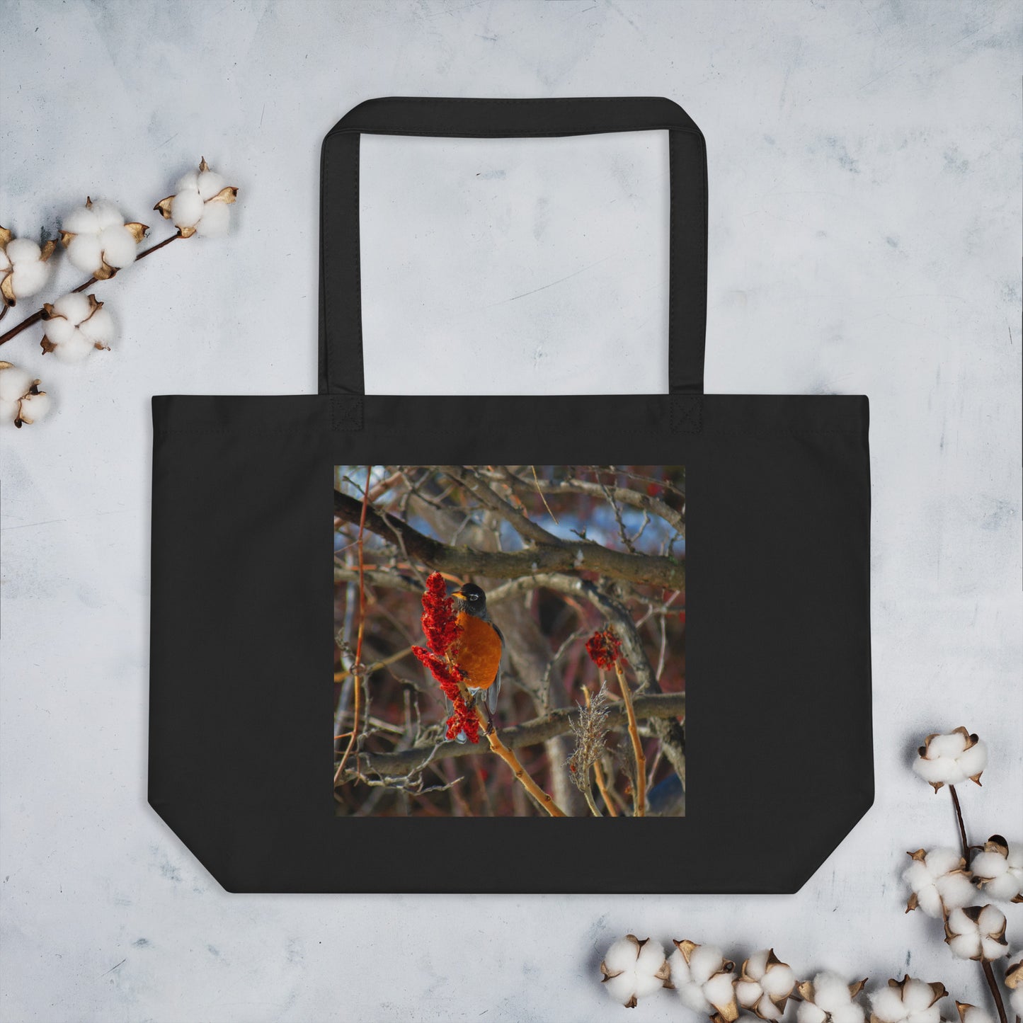 Large organic tote bag- Snackin' Robin