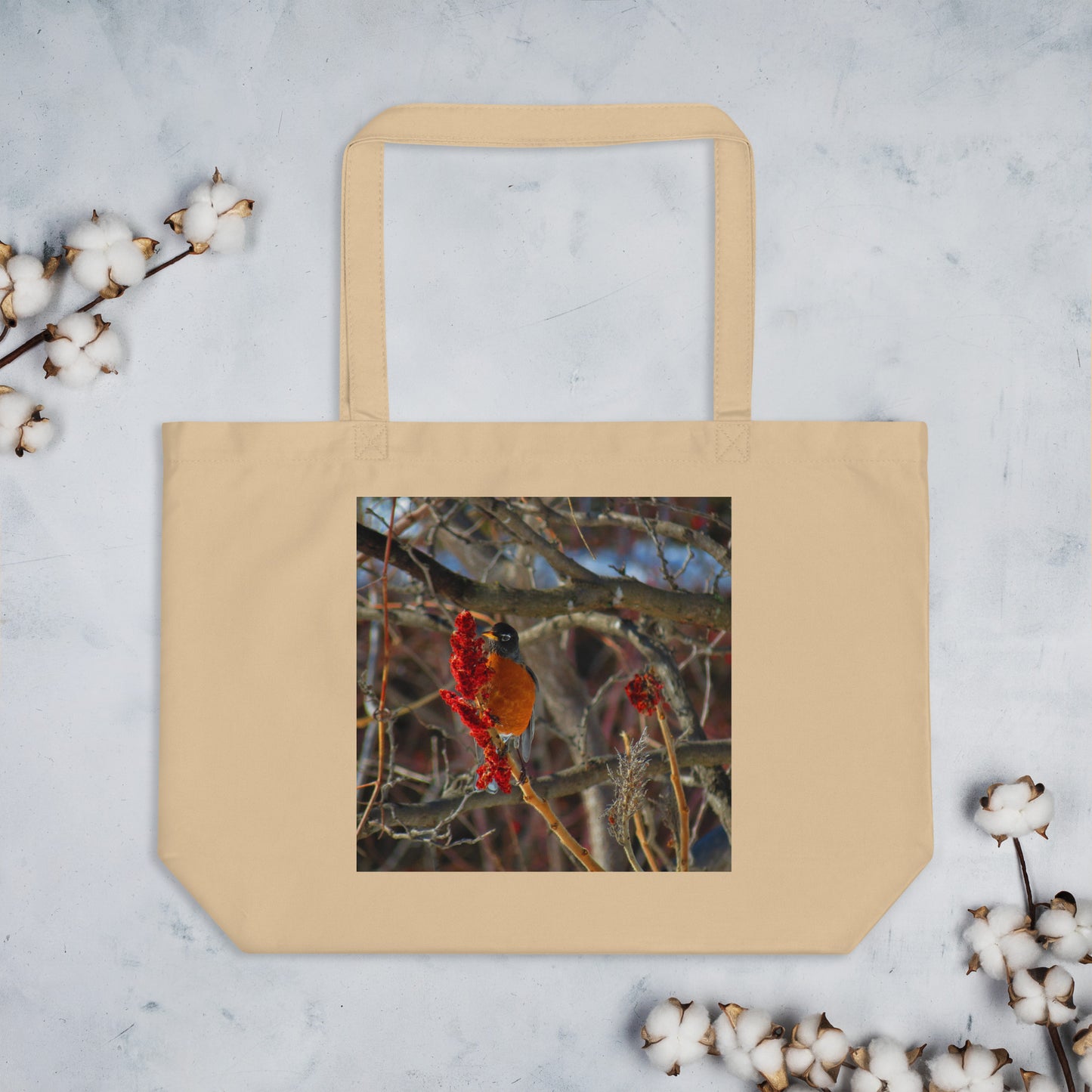 Large organic tote bag- Snackin' Robin