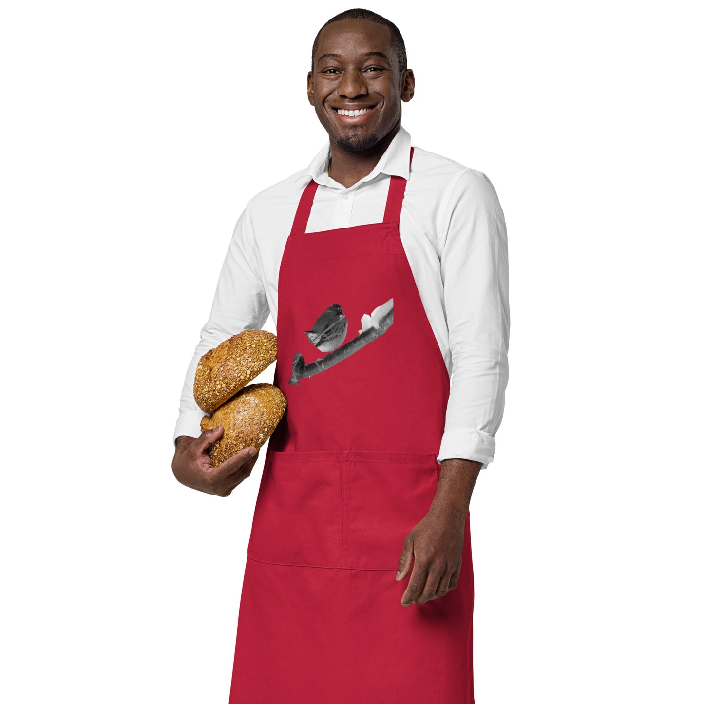 Organic Cotton Apron - Snowy Robin (b/w)