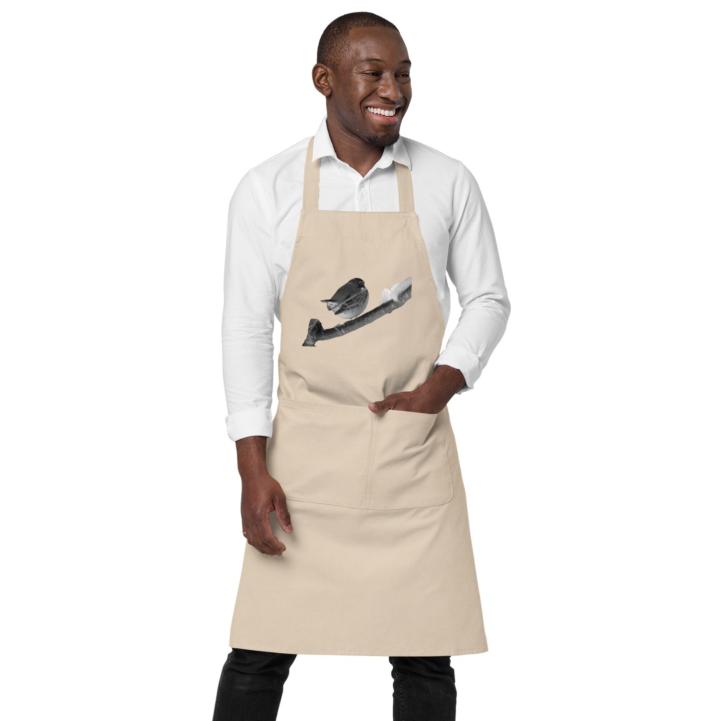 Organic Cotton Apron - Snowy Robin (b/w)
