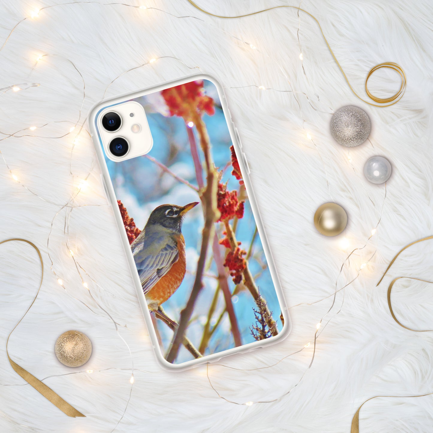 Funda transparente para iPhone®: Robin en el árbol de zumaque