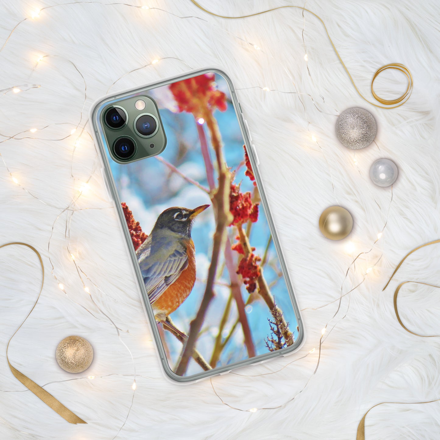 Funda transparente para iPhone®: Robin en el árbol de zumaque