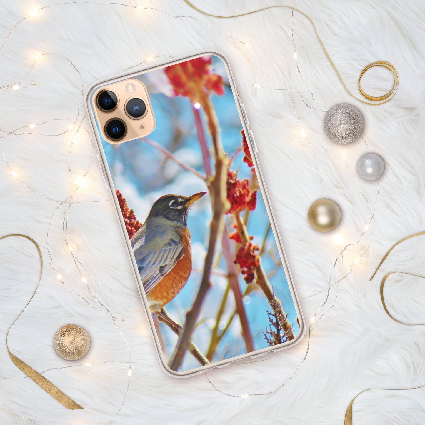 Funda transparente para iPhone®: Robin en el árbol de zumaque