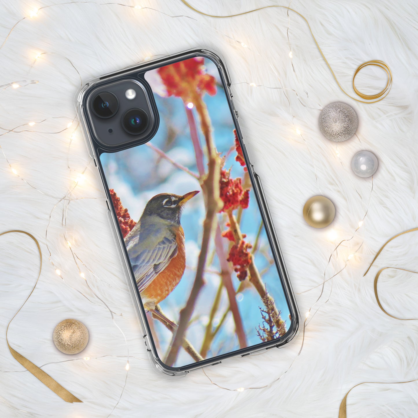 Funda transparente para iPhone®: Robin en el árbol de zumaque