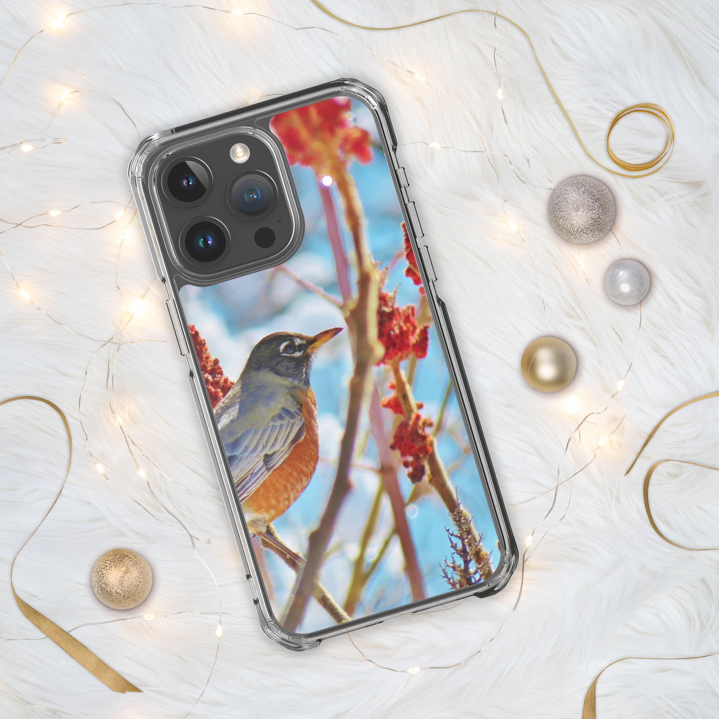 Funda transparente para iPhone®: Robin en el árbol de zumaque