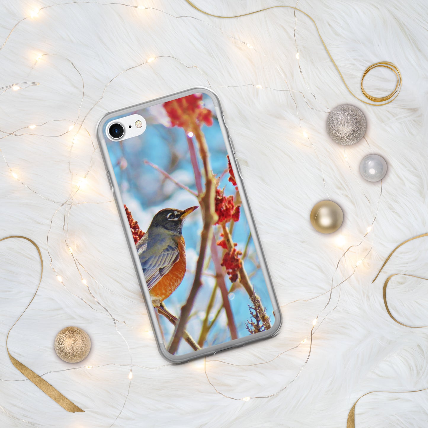 Funda transparente para iPhone®: Robin en el árbol de zumaque