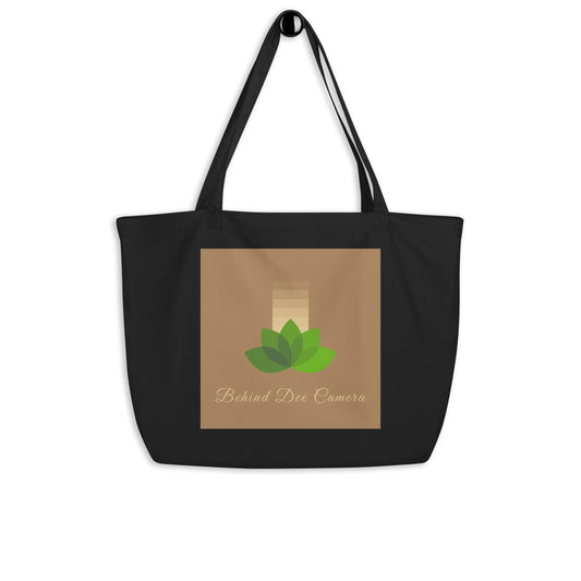 Large organic tote bag - Behind Dee Camera® logo (background)